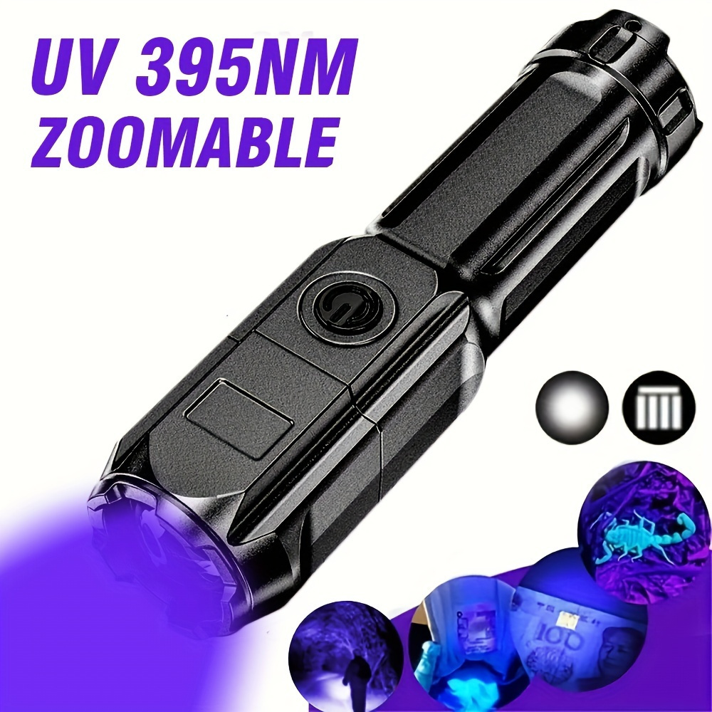 TEMU 1pc Black Light Uv Flashlight, Uv395nm, Rechargeable Bright Abs Portable Ultraviolet Torch, 3 Usb Flashlight For Pet , Fluorescent Detection, Camping, Fishing Lanterns, Built In Battery