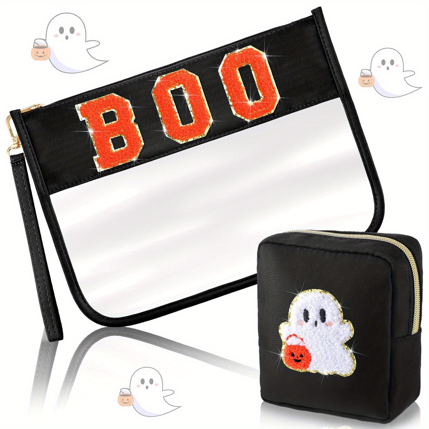 

2 Pcs Halloween Chenille Boo Makeup Bag Clear Pvc Organizer Purse Cosmetic Bag Portable Toiletry Bag For Women