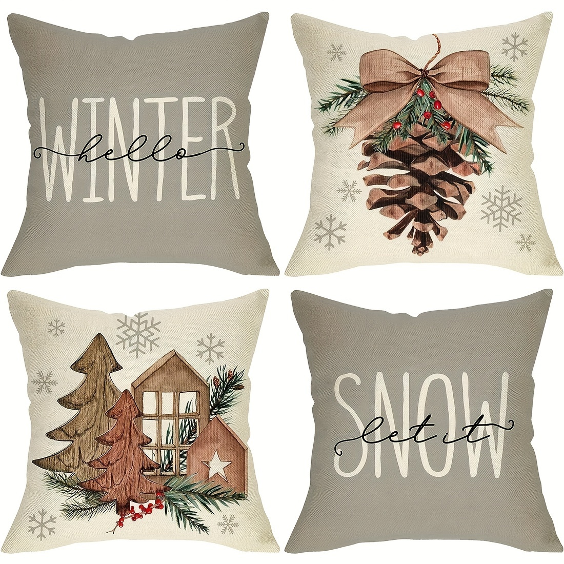 

4-pack Throw Pillow Covers With Winter And Pine Cone Designs - Stain Resistant Knit Fabric Cushion Cases, Contemporary Zippered Pillowcases For Bedroom And Home Decor, 18x18 Inches