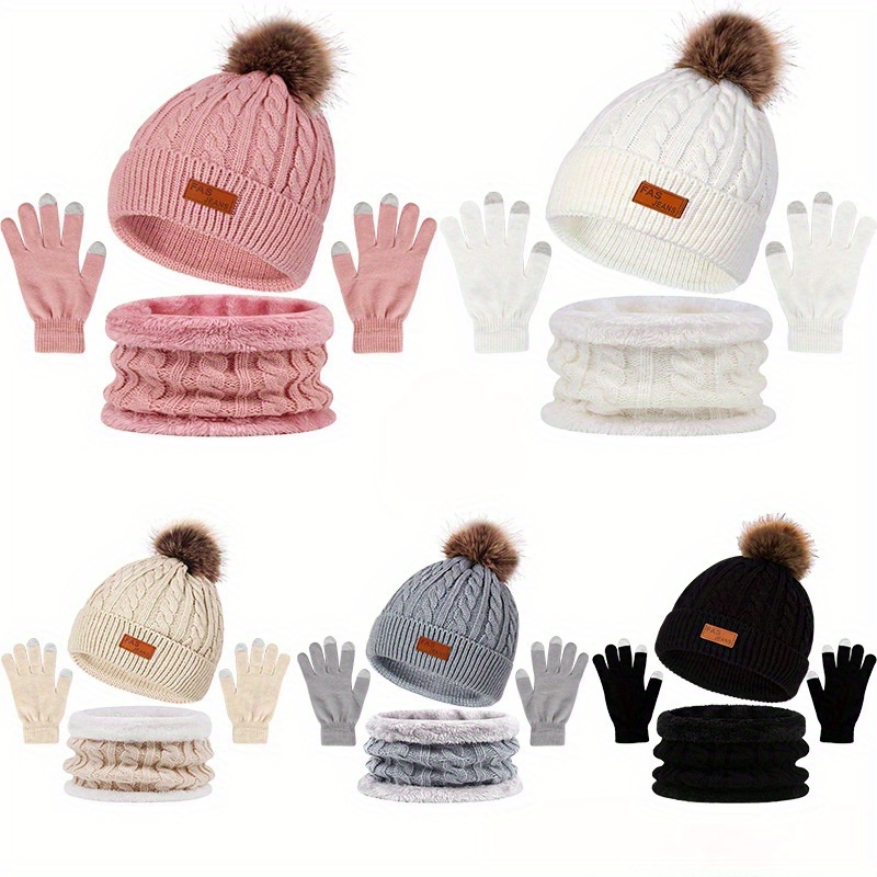 

Winter Knit Hat Set With Pom Pom, 3-in-1 Bundle: Hat, Scarf, And Touchscreen Gloves For Ladies - Cold Weather