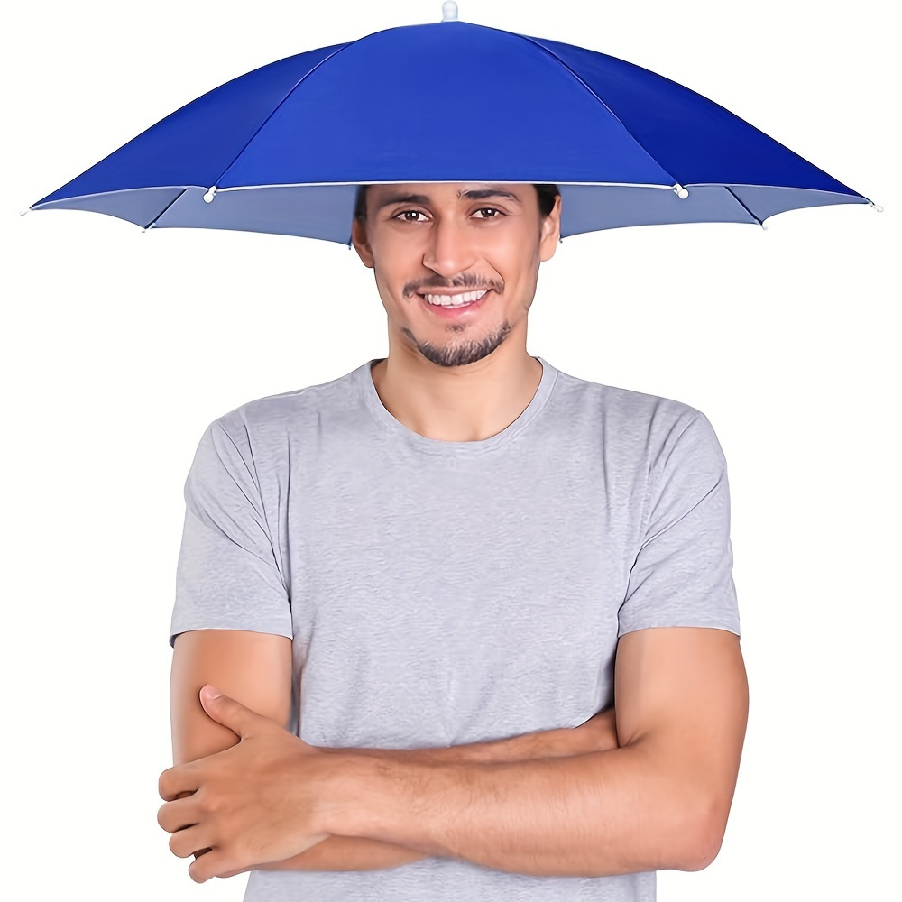 TEMU Water-resistant Polyester Umbrella Hat For Camping And Fishing With Uv Protection And Elastic Headband - Casual Style Head Umbrella