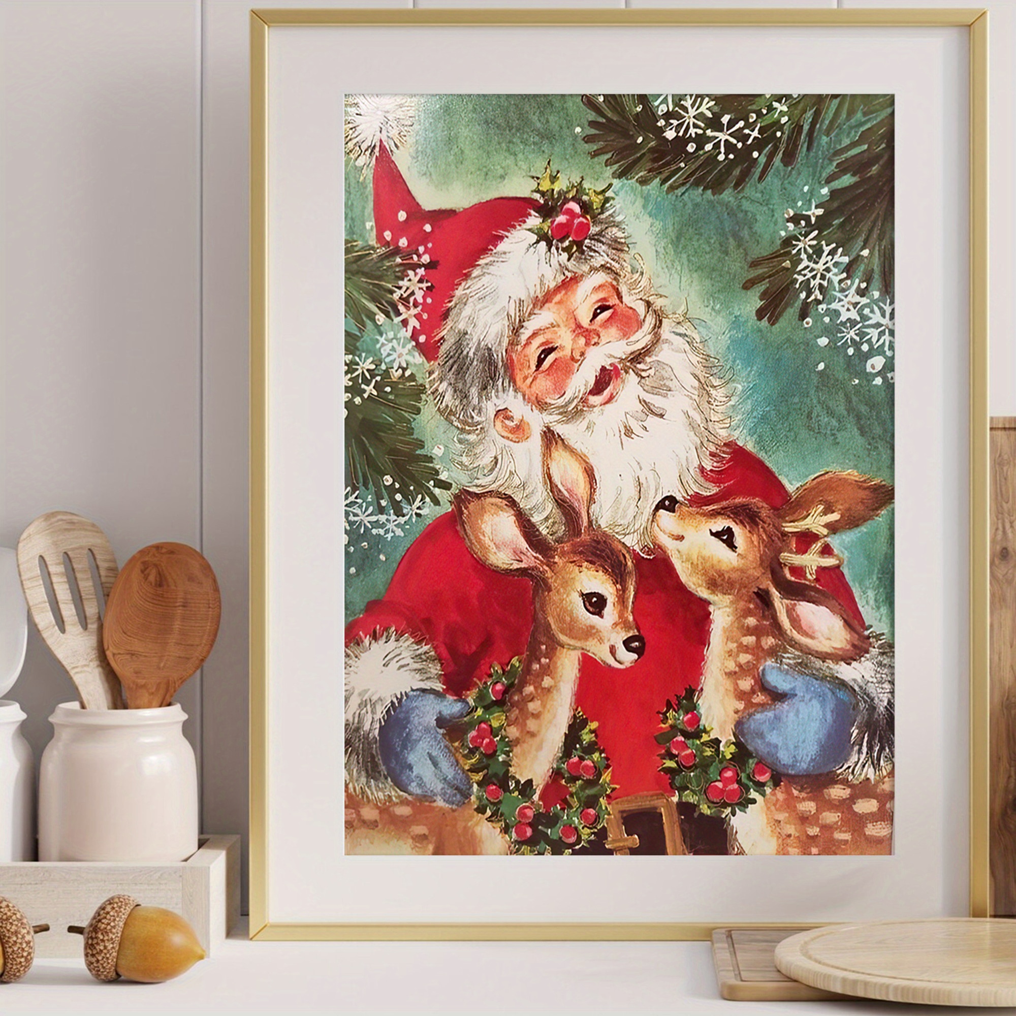 

Santa & Elk Canvas Art Print - , Vintage-inspired Wall Decor For Living Room, Bedroom, Home Office - Gift