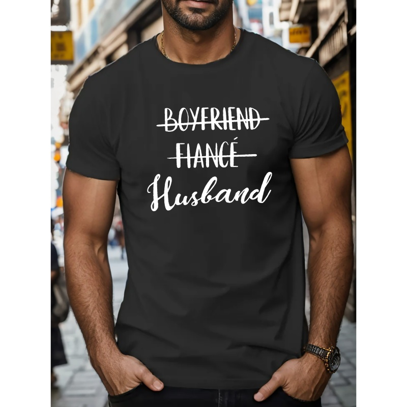

T-Shirt Décontracté pour Homme "Promu Mari" - Polyester Respirant, Imprimé Géométrique, Col Rond - pour l'Été