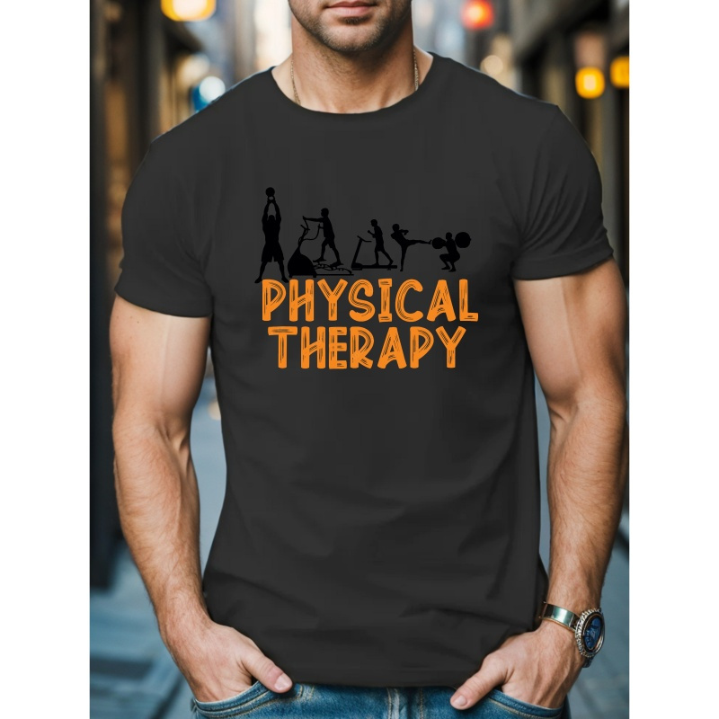 

Men's Physical Therapy Graphic Tee - 100% Polyester, Crew Neck, Slight Stretch Knit Fabric, Casual Summer T-shirt With Geometric Pattern, Regular Fit