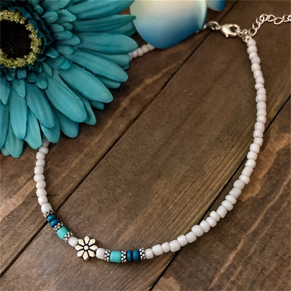 Bohemian Minimalist Beaded Choker Necklace With Colorful Flower Pendant, Alloy, Surfer Beach Jewelry For Women, Versatile Daily Wear Accessory