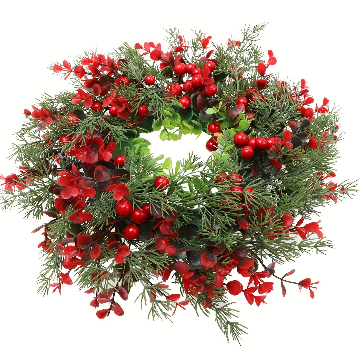 

Couronne de Noël de 13,8 po avec des baies d'eucalyptus rouges - Idéale pour les décorations de Noël intérieures/extérieures