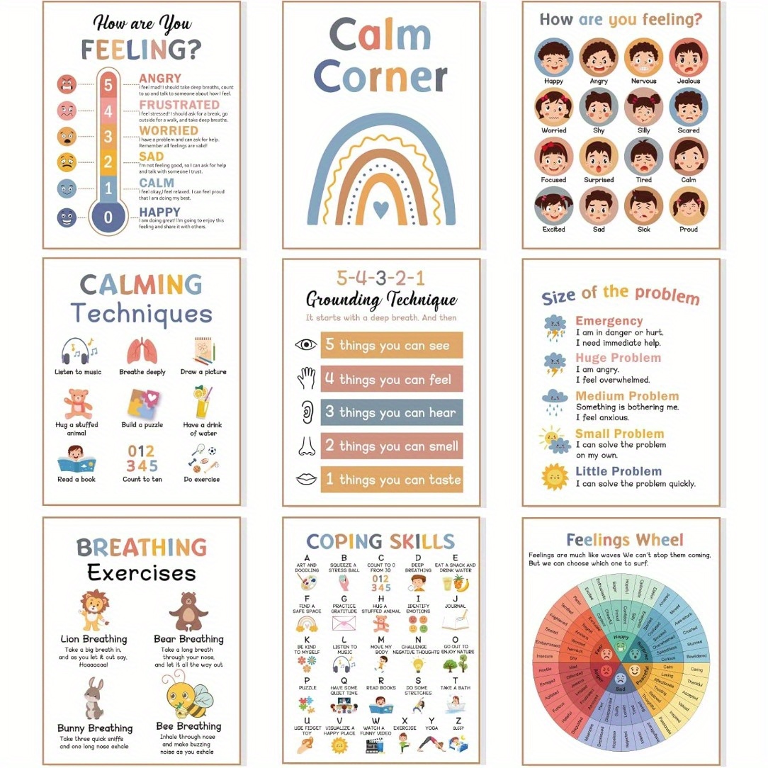 

Print Painting, 9pcs Set Of Calming Corner Educational Posters, Mental Health & Coping Skills Charts For Classroom Decor, Emotion , Breathing Exercises, 5-4-3-2-1 , 8x10 Inches