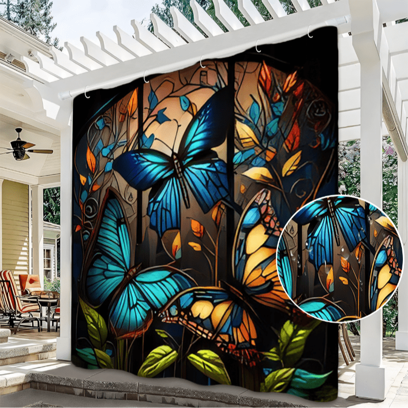 

Butterfly & Outdoor Patio Curtain - Waterproof Sun Shade For Garden, Porch, And Balcony, Machine Washable Polyester, 1pc/2pcs Set With Hooks