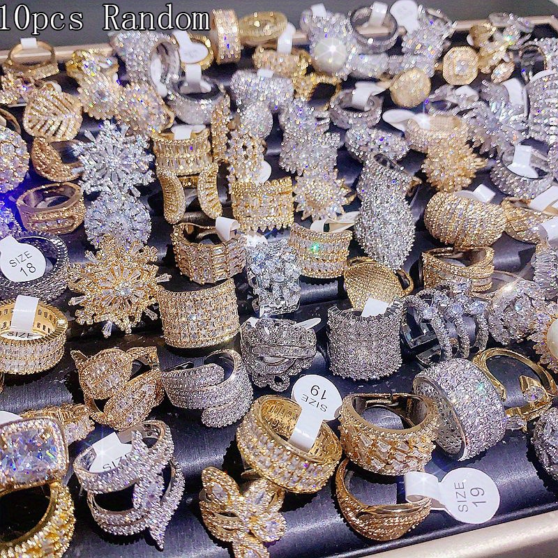 TEMU Random 10pcs Of Luxurious Copper Alloy Synthetic Rings, Synthetic Stone, No Coating, Mixed Gender Size Rings For Parties, Weddings And