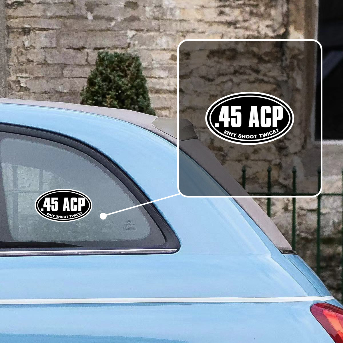 

Vinyl Oval.45 Acp Why Shoot Twice Sticker – Matte Finish, Irregular Shape, Cartoon Graphic, Single Use Self-adhesive Decal For Plastic & Glass Surfaces – Themed Rear Car Window/bumper Decal