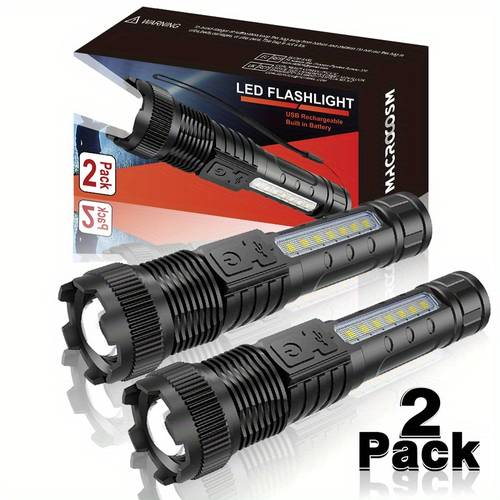 2pcs rechargeable led flashlights with cob floodlight portable durable abs handheld torch for camping hiking emergencies usb charging 595 brightness outdoor lighting compact flashlight cob led light flashlight rechargeable