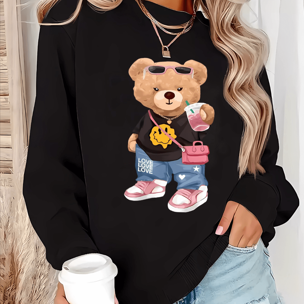 

Women's Casual And Fashionable Sports Sweatshirt, With Plush Suitable For Autumn And Winter, Comfortable And Soft, Cartoon Bear Pattern