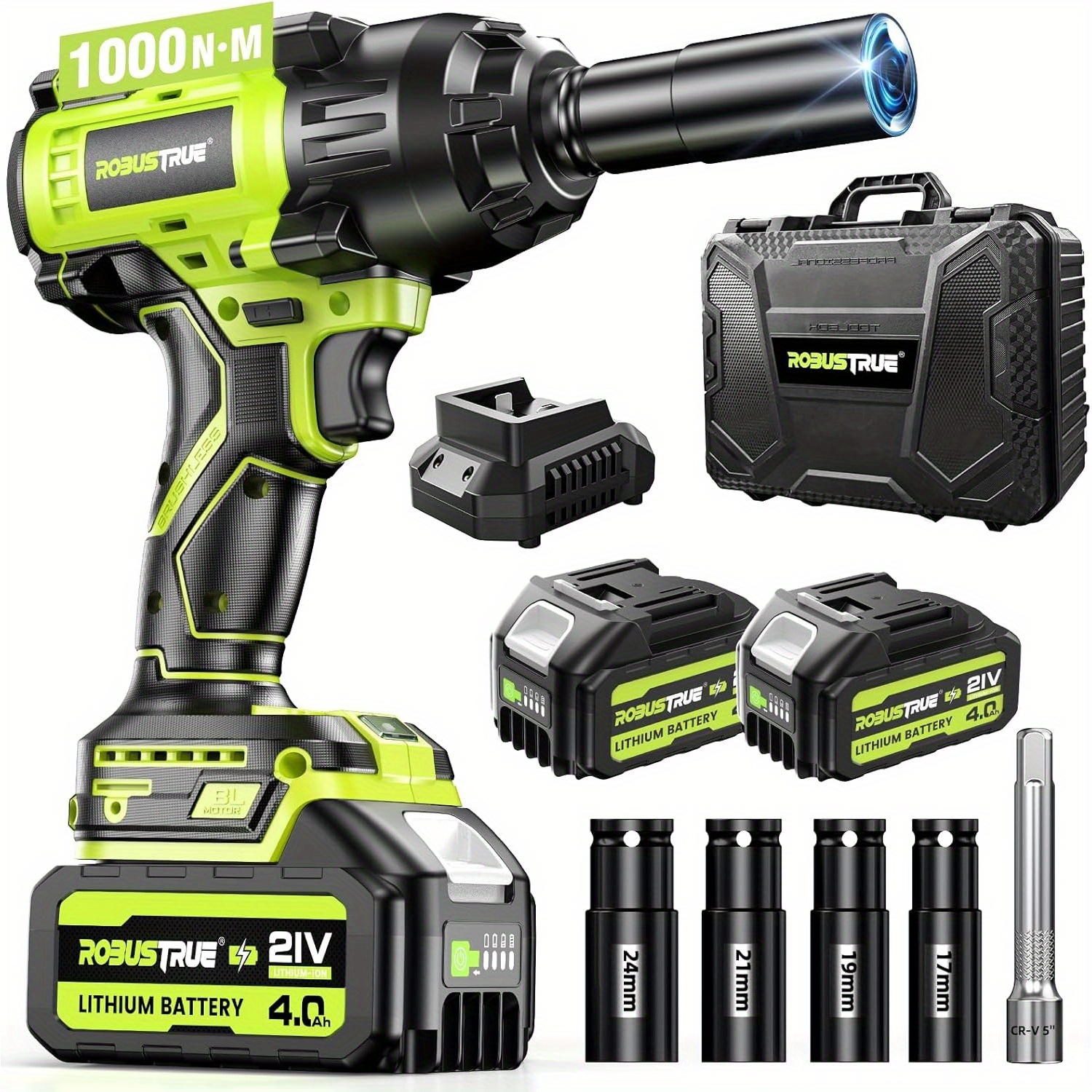 1000n m 740ft lbs brushless cordless impact wrench set 21v 4000mah battery 4 sockets fast charger heavy duty torque for car tires truck   power tools