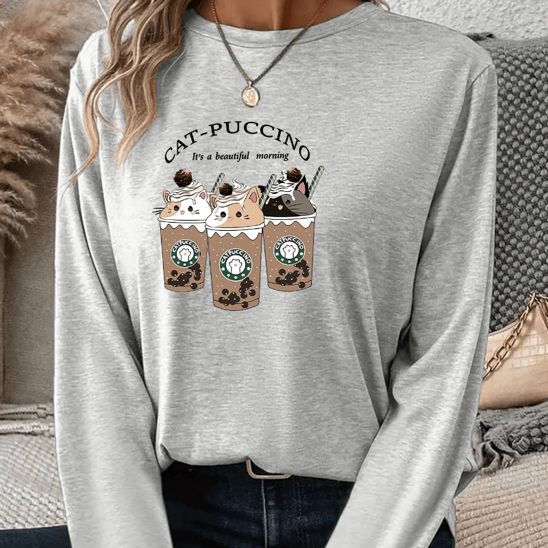 

Cat Coffee Print Long Sleeve Casual Sporty T-shirt, Comfort Crew Neck Top For All Seasons, Women's Clothing