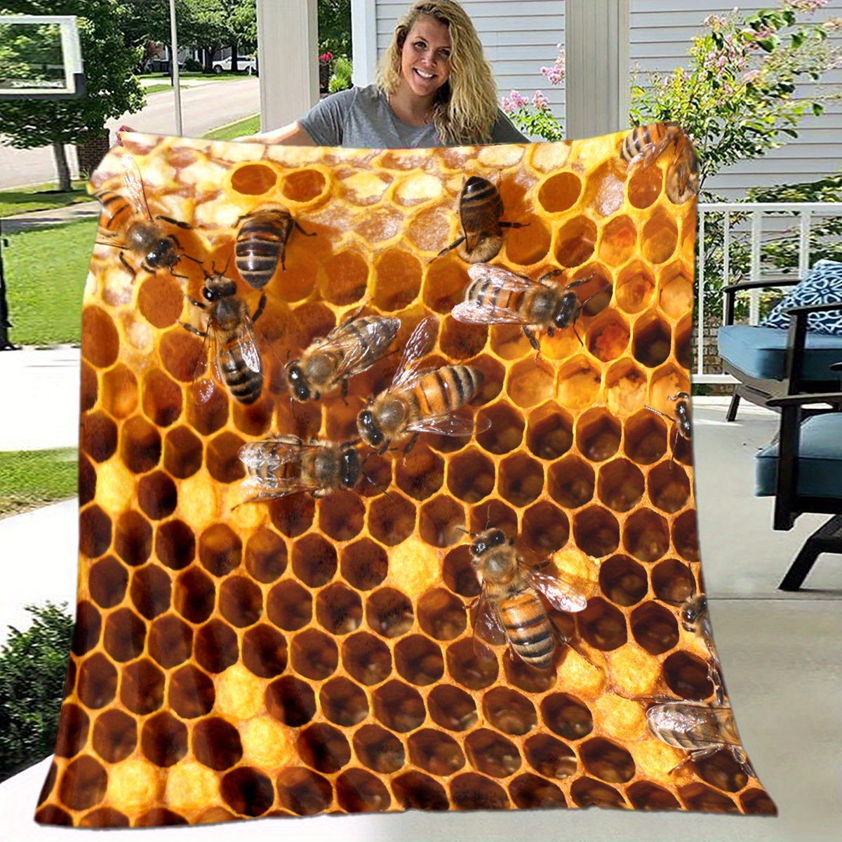 TEMU Eine gemütliche Decke mit Waben- und Bienen-Design, für Familien auf dem Sofabett, für Picknicks, Reisen oder zwanglose Nickerchen im Büro. Sie