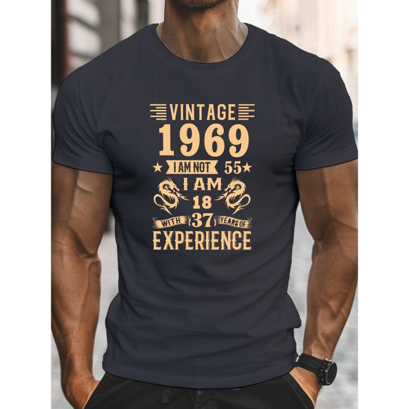 

Men's Vintage 1969 Experience Graphic T-shirt With Crew Neck And Short Sleeves - Casual Polyester Knit Fabric Tee With Slight Stretch - Geometric Pattern Summer Top For Adults