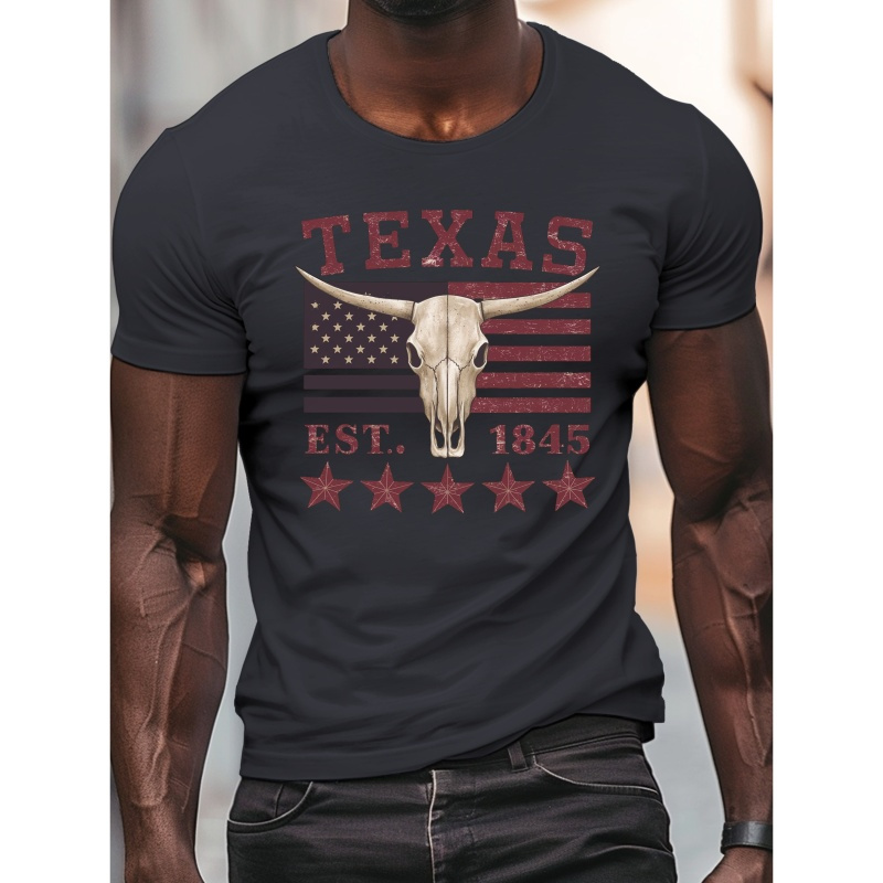 

Men's Texas Flag Skull Graphic T-shirt, 100% Polyester Crew Neck Short Sleeve Tee, Casual Summer Knit Fabric Top With Stretch, Regular Fit - Geometric