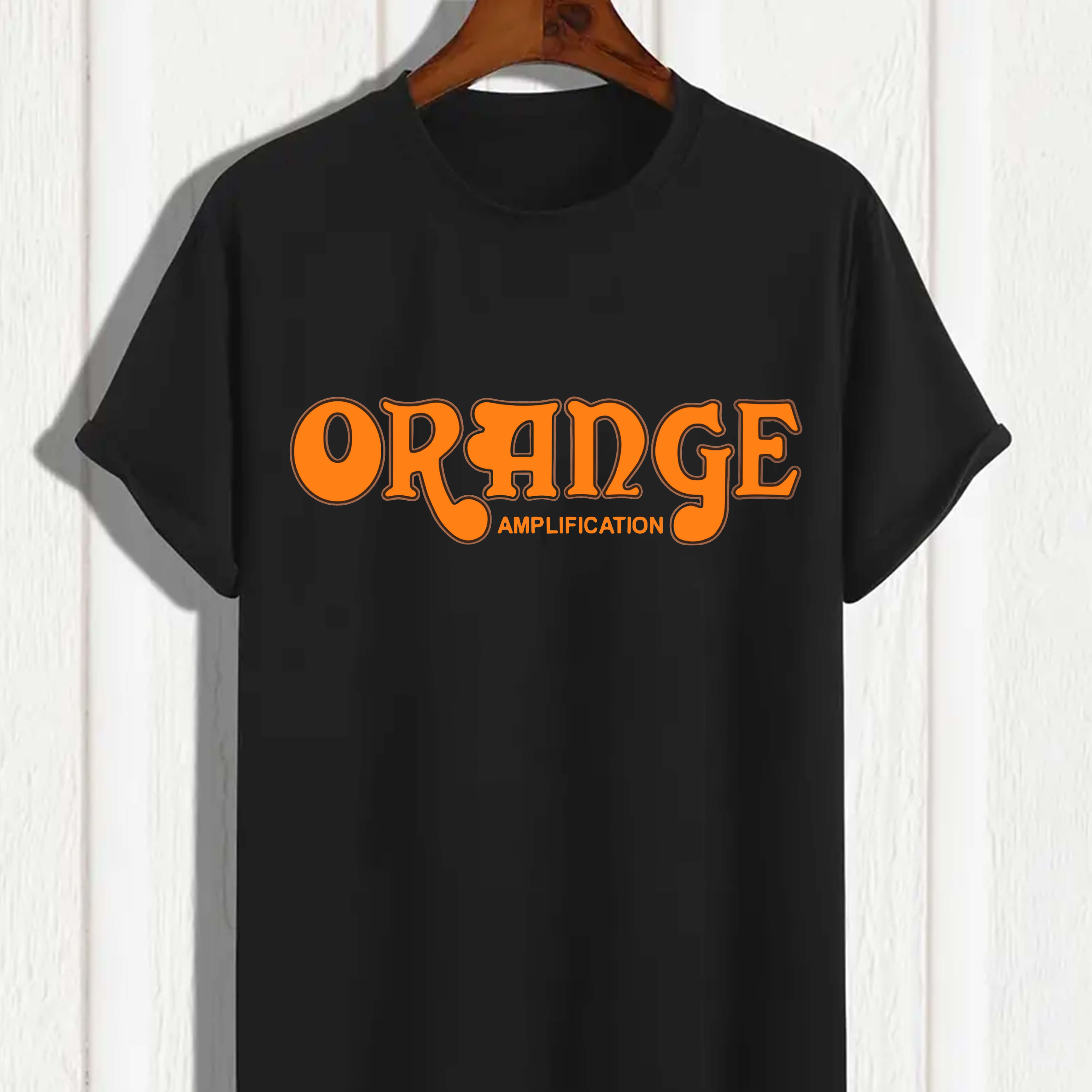 

Orange Amplification Letter Print Crew Neck T-shirt For Men, Pure Cotton Top For Summer Daily Wear