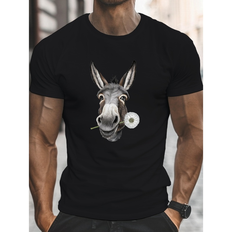 

T-Shirt Léger pour Homme à Col Rond et Manches Courtes avec Imprimé Fantaisiste d'Âne & - Haut d'Été Décontracté, Blanc, Polyester, Lavable en Machine