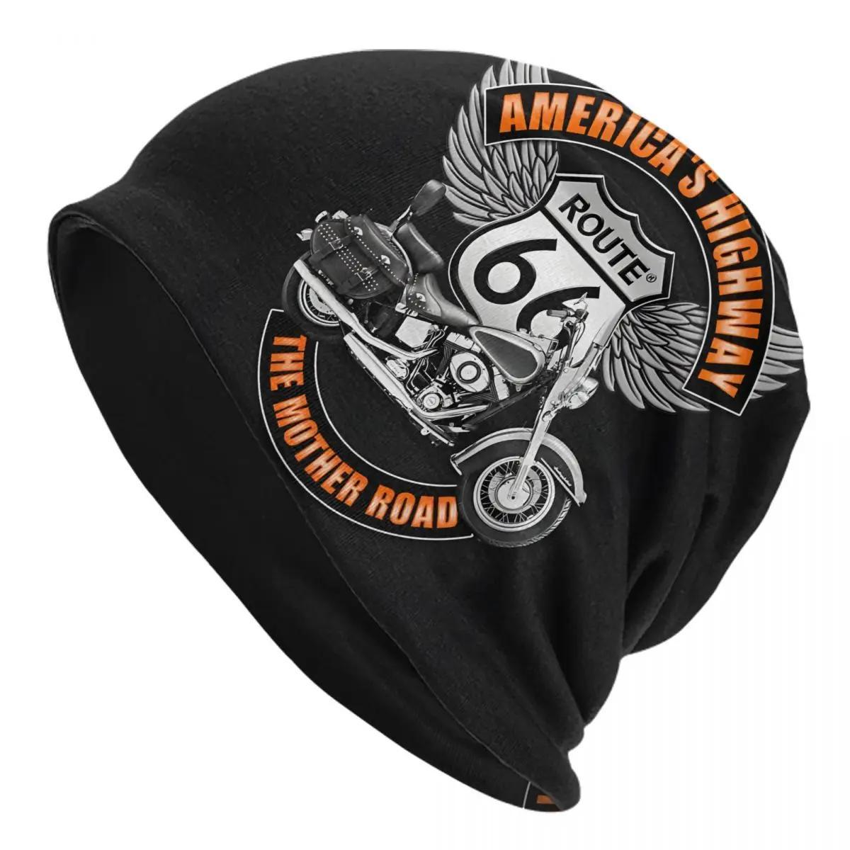 

Route 66 American Highway Motorbike Graphic Beanie Hat - Fashionable Woven Polyester Blend Cap With Elastane, No Brim, Unisex Knit Hat