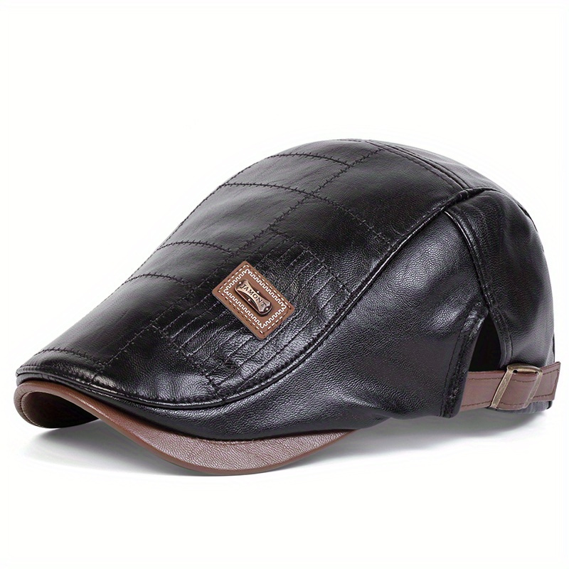 TEMU Men Pu Leather Beret Outdoor Sport Adjustable Sunscreen Leisure Hat Spring Autumn Travel Tourism Beach Vacation