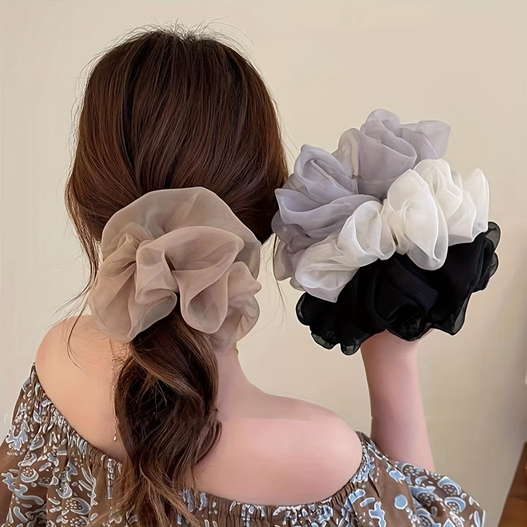 

5pcs Set Of French Style Puff Chiffon Scrunchies: Elegant Hair Ties For Ponytails And Buns - Suitable For 14 And Up