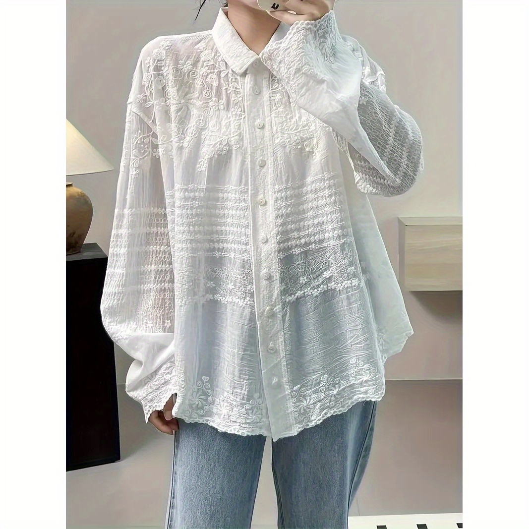 

Semi-sheer Guipure Lace Button Front Shirt, Sweet Long Sleeve Curved Hem Shirt For Spring & Fall, Women's Clothing