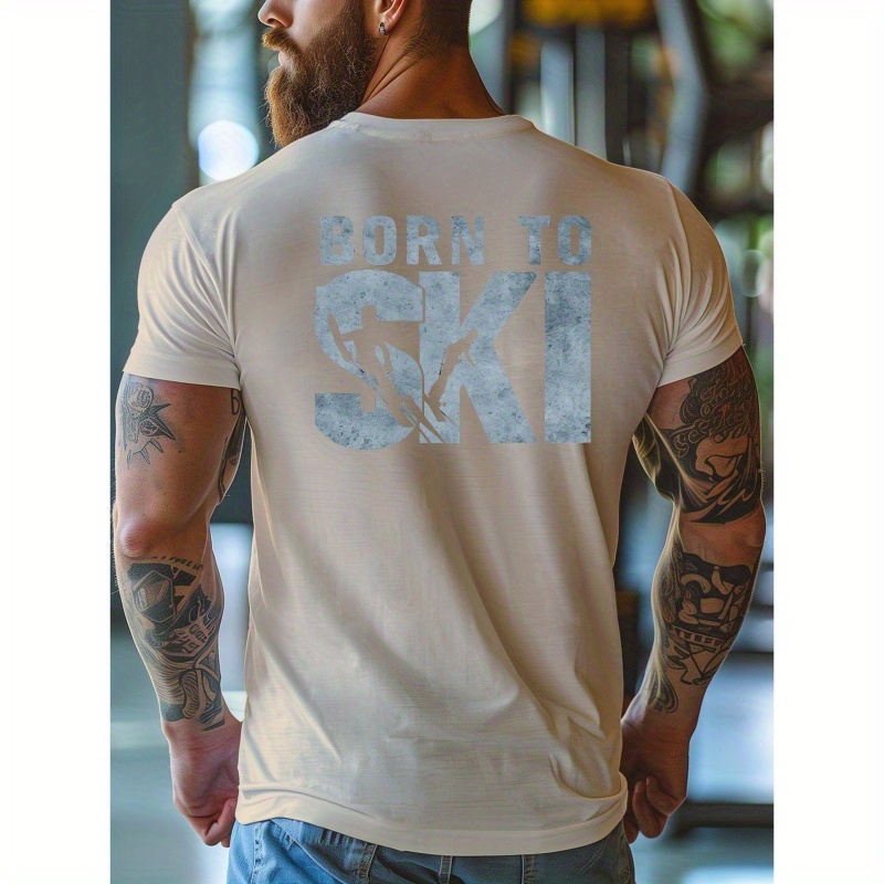 

Men's Casual Crew Neck T-shirt With "born To Ski" Print, 100% Polyester Knit Fabric, Geometric Pattern, Regular Fit For Summer, Sporty Graphic Tee | Round Neckline Tee | Machine Washable Top