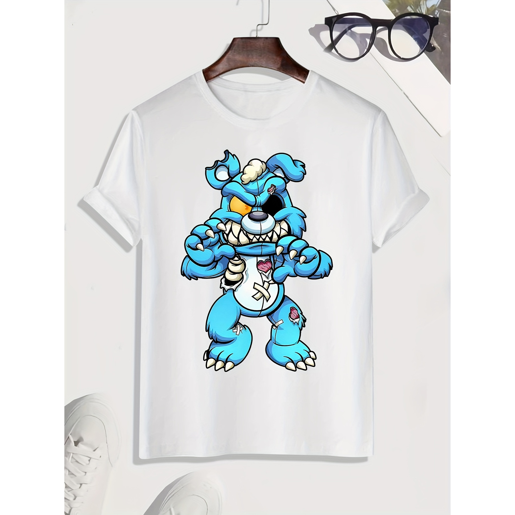 

Men's Polyester T-shirt With Blue Monster Bear Graphic, 100% Polyester Knit Fabric, Geometric Pattern With Crew Neck, Casual Summer Tee With Slight Stretch - Regular Fit