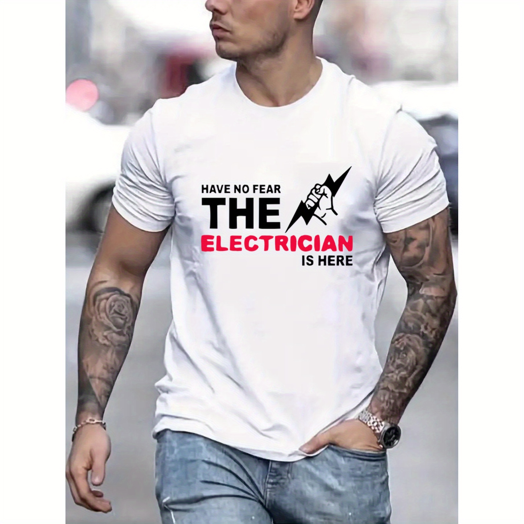 

Fearless Electrician T-shirt: Anime Lightning Graphic Print, Men's Novel Graphic Design, Casual Comfy Tees For Summer, Men's Clothing Tops For Daily Activities