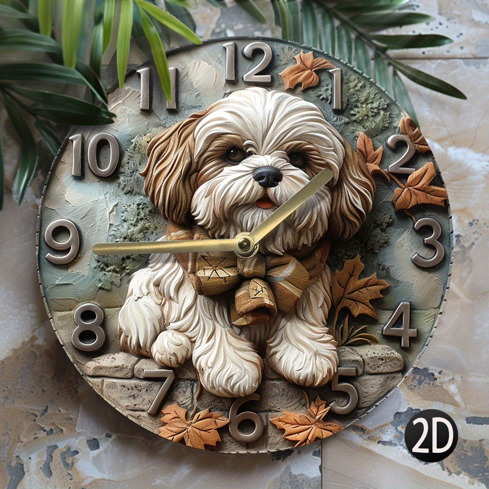 

Shih Tzu Dog Wall Clock, Wood Fiber Board, Silent Quartz Movement, Decorative Round Clock For Living Room, Kitchen, Home Entryway, Summer Theme, 8", Gift For Pet Lovers - Aa Battery Not Included - 1pc