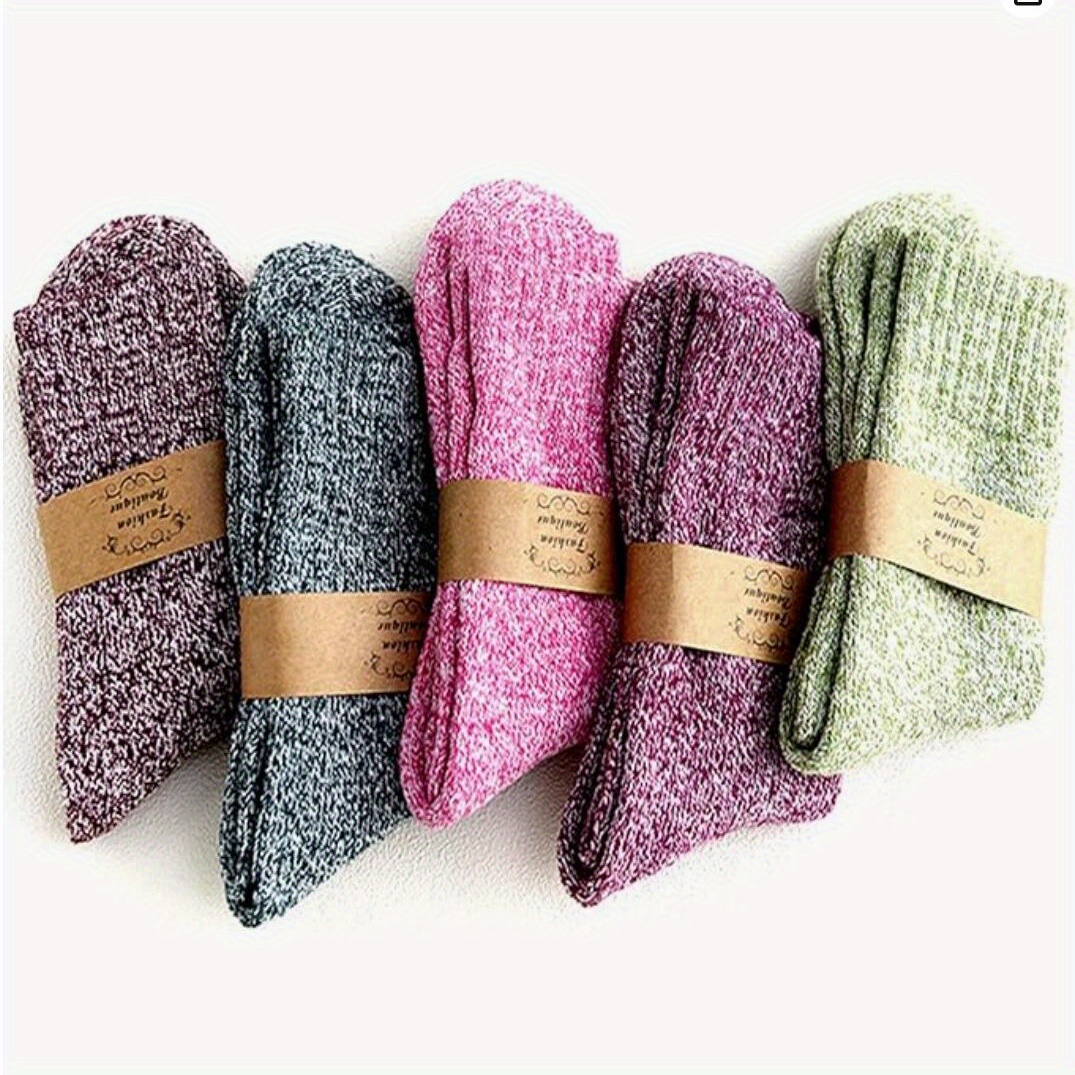 

5pairs Ladies Thermal Winter Socks, Womens Knitting 25% Wool Crew Vintage Style Sock