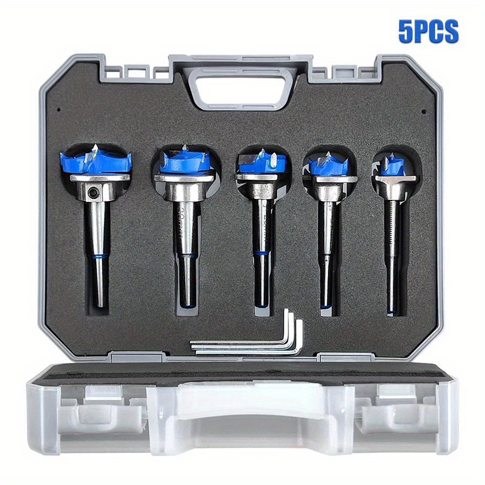Set Of 5 Drill Bits Ranging From 15 To For Woodworking, Featuring Flat And Adjustable Hinge Hole Extender, Complete With A Storage Case