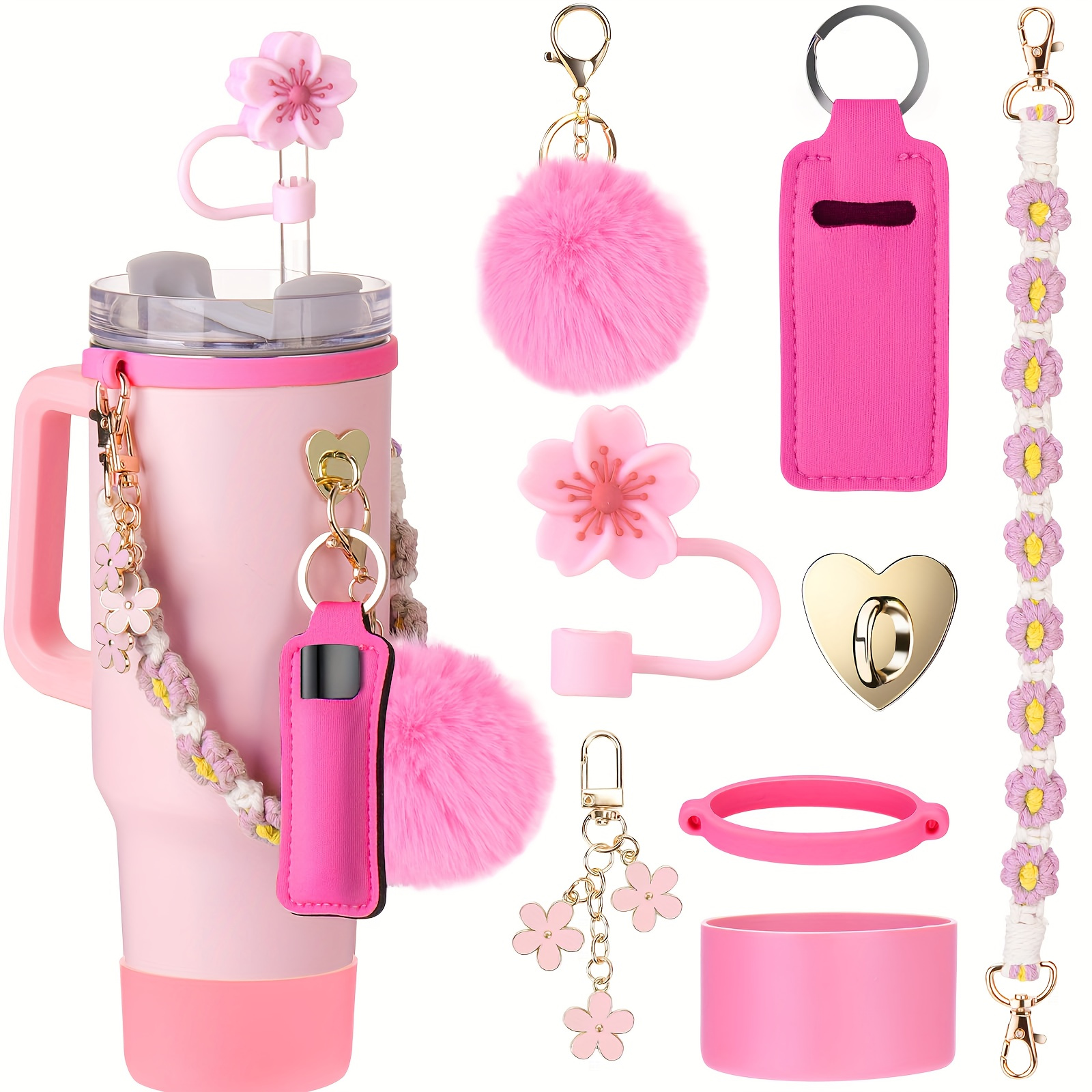 TEMU 8pcs Silicone Tumbler Accessory Handle, Protective Sleeve, Straw Cover, Lipstick Holder & Charms For 30oz/40oz Sport Cups