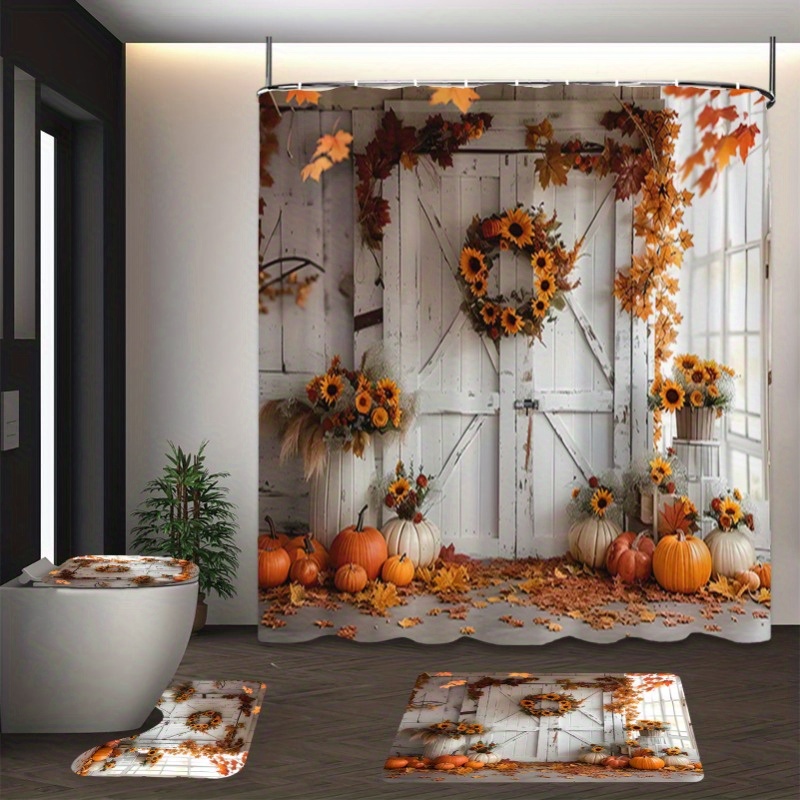 

Sunflower & Pumpkin Shower Curtain Set - 1/3/4pcs Including Waterproof Curtain, Non-slip Rug, U-shaped Mat & Toilet Lid Cover, Machine Washable Polyester, Fall Bathroom Decor