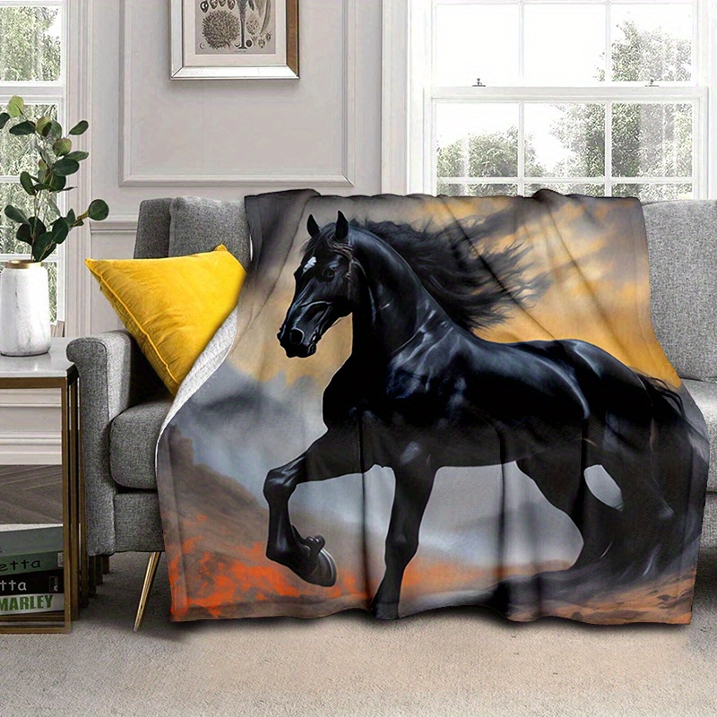 

Contemporary Flannel Knitted Bed Blanket With Digital Print Black Horse Design, Polyester, Stain Resistant, All-season Comfort, Ideal For Sofa, Picnic, Travel, Casual Naps - Hand Wash Only