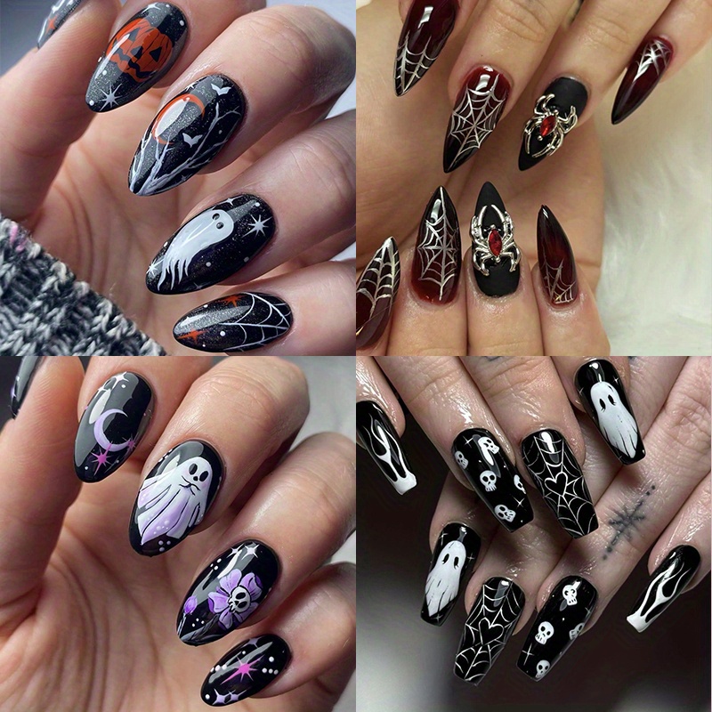 

96 Black Long Wear Nail Almond Shape Black Matte White Flower Detachable Fake Nail Patch For Women