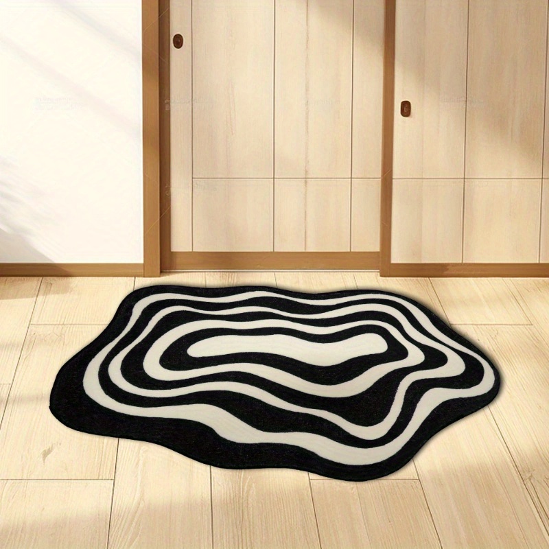 soft velvet area rug with unique   1pc black white minimalist stripe for living room and bedroom decor comfortable polyester floor mat hand wash only details 3