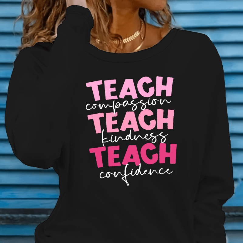 

Casual Slogan Print Lounge Top For Teacher's Day, Long Sleeve Round Neck Stretchy T-shirt, Women's Loungewear