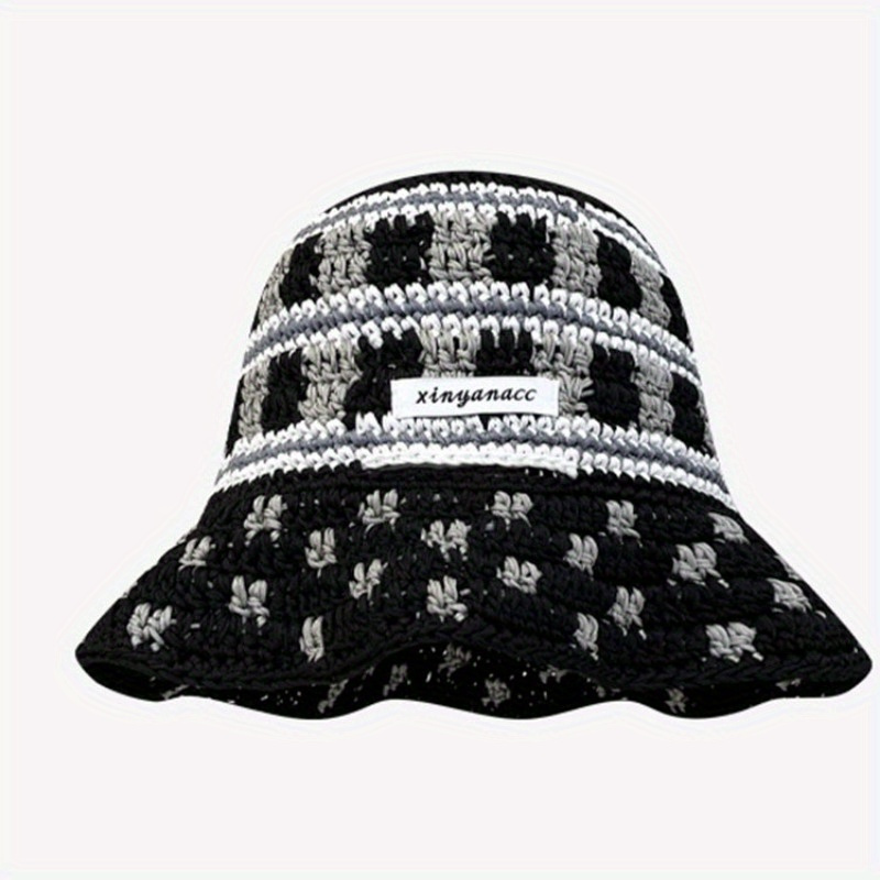 1pc *'s Hand-Crocheted Jacquard Knit Bucket Hat Funky Geometric Pattern,  Breathable Acrylic Sun Protection for Outdoor Sports, Cycling, Hiking,