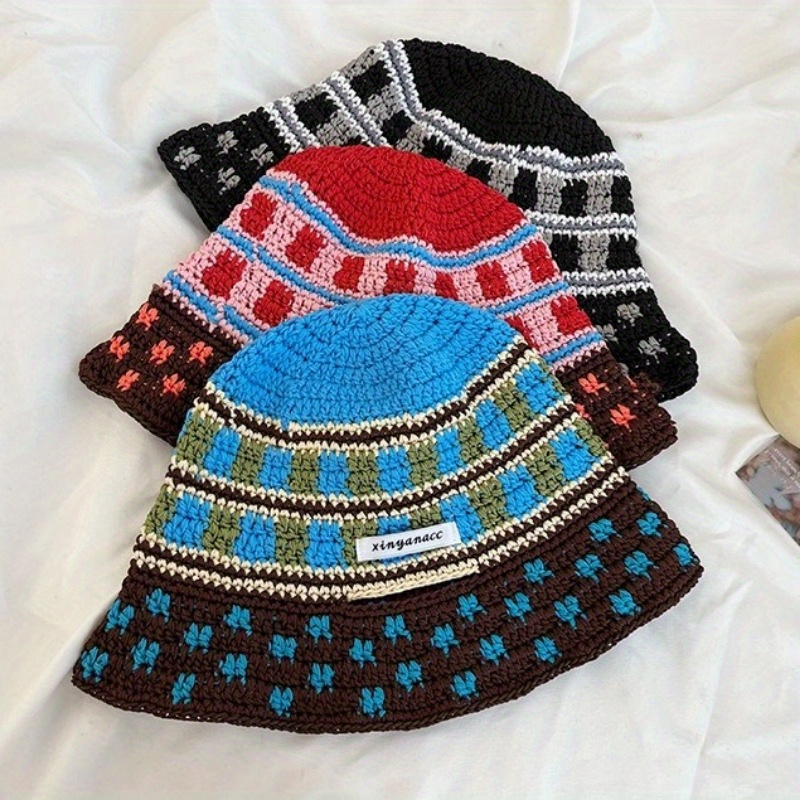 1pc mens hand crocheted jacquard knit bucket hat funky geometric