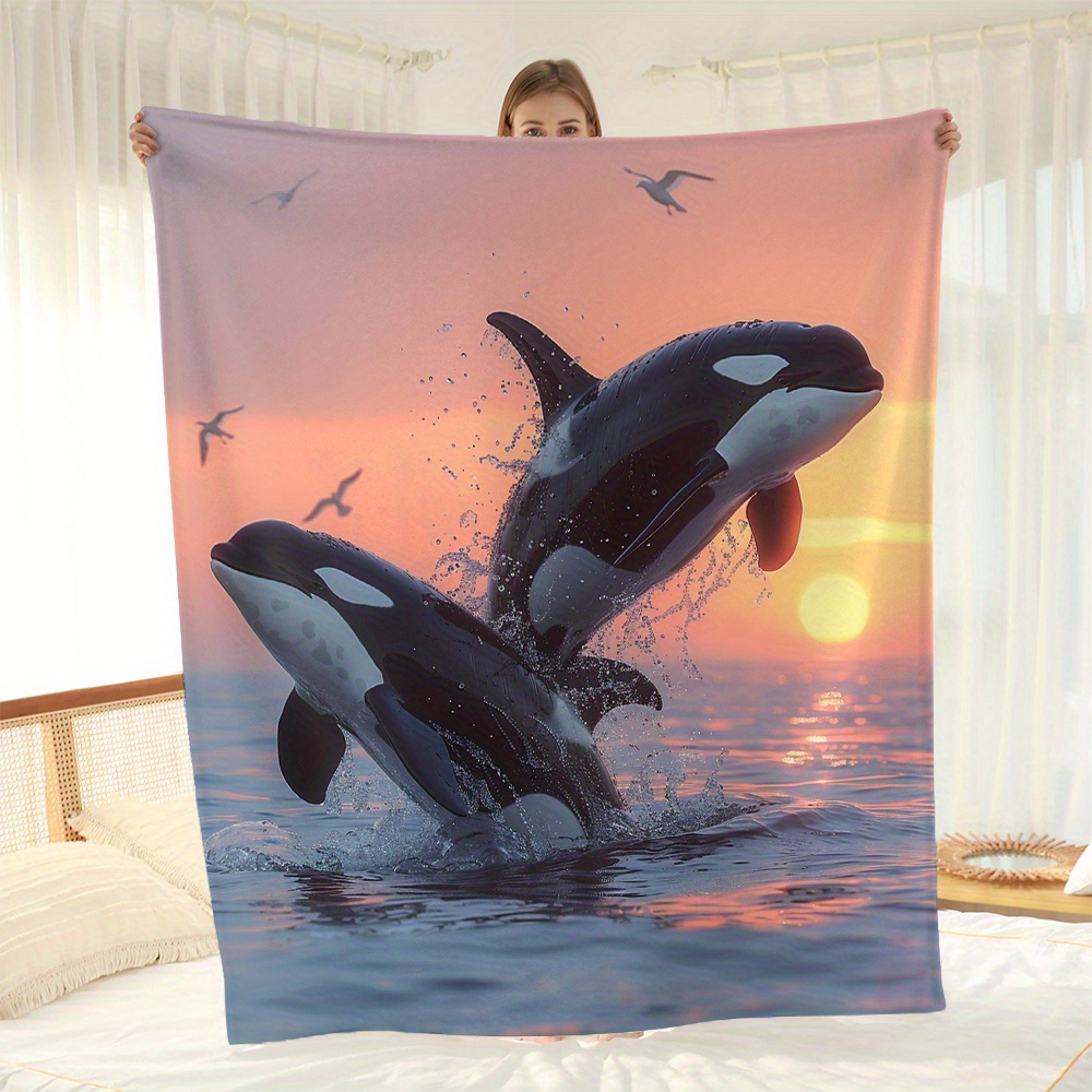 

Jumping Sunset Flannel Fleece Blanket - All-season Digital Print Soft Sofa Throw, Machine Washable, Contemporary Style, Ocean Theme, Polyester, With No Embellishment (250-300g Fabric Weight)