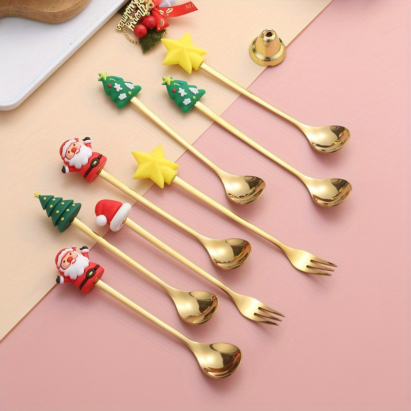 

6pcs Stainless Steel Spoons, Creative Christmas Tree Coffee Stirring Spoons, Dessert Fruit Forks, Doll Spoons, Cutlery Gift Sets