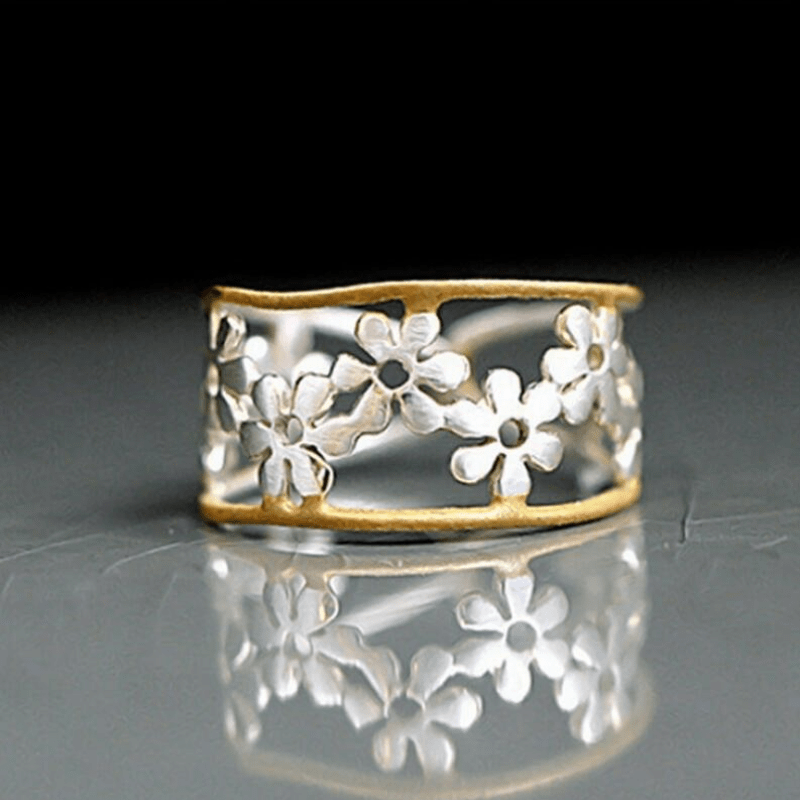 

1pc Exquisite Flower Openwork Elegant Fashion Personalised Stainless Steel 2 Tone Golden Open Ring Female Daily Party Gift