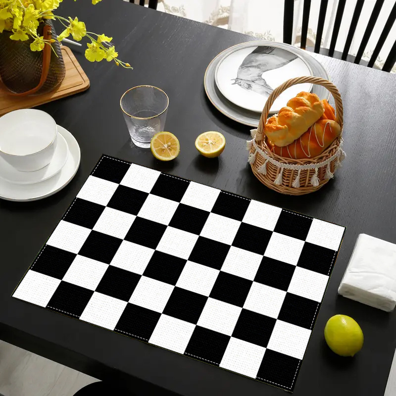 

4/6pcs Classic Black And White Checkered Placemats - Woven Polyester, Rectangle, Heat Resistant, Non-slip, Waterproof, For Dining Table - Hand Wash Only