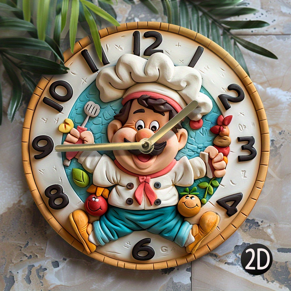 

Horloge murale en quartz silencieux thématique chef, 8 pouces, décor de cuisine en fibre de bois, pour , , à coucher - un emplacement de pile AA (pile non incluse) - 1pièce