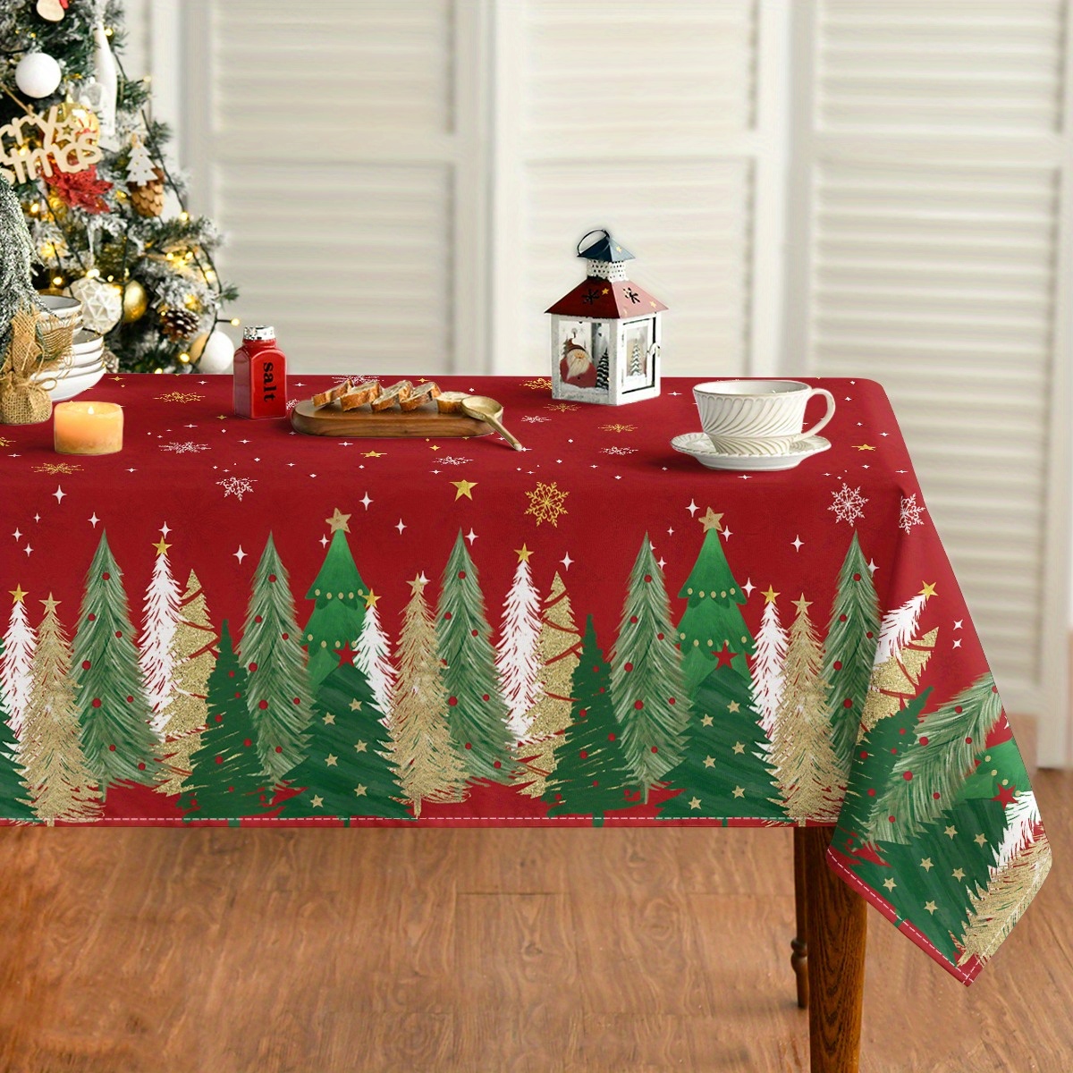 

1pc Christmas Theme Round/rectangular Polyester Tablecloth, Christmas Trees Red Background Pattern Washable Table Cover Cloth For Party Picnic Dinner Kitchen Room Decor, Christmas Decor