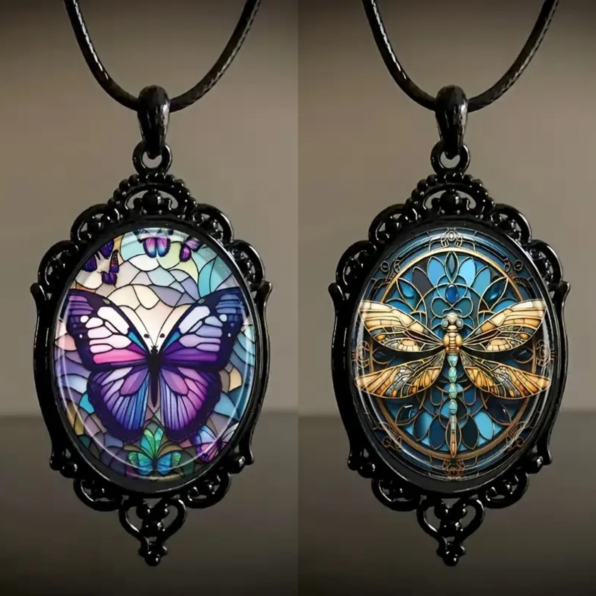 

2pcs Bohemian Butterfly Dragonfly Oval Glass Pendant Necklaces, Alloy Chain/ Faux Leather Rope Butterfly Dragonfly Necklace Set, Gift For Loved Ones