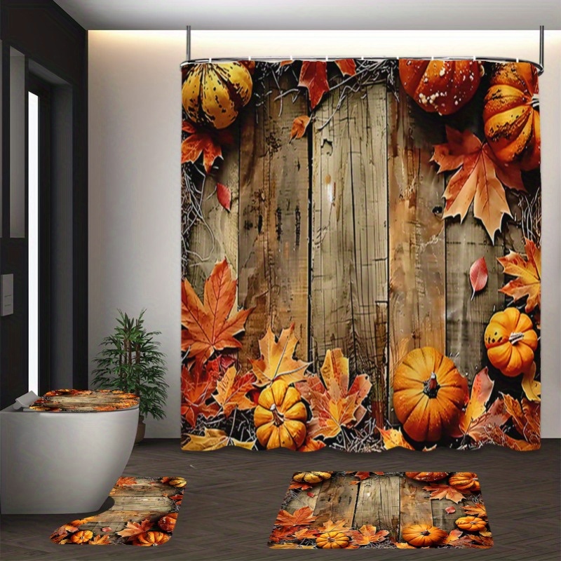 

Autumn Harvest Pumpkin Maple Leaf Print Shower Curtain Set With Toilet Rugs And Mats - Waterproof Polyester, Machine Washable, Bathroom Decorations