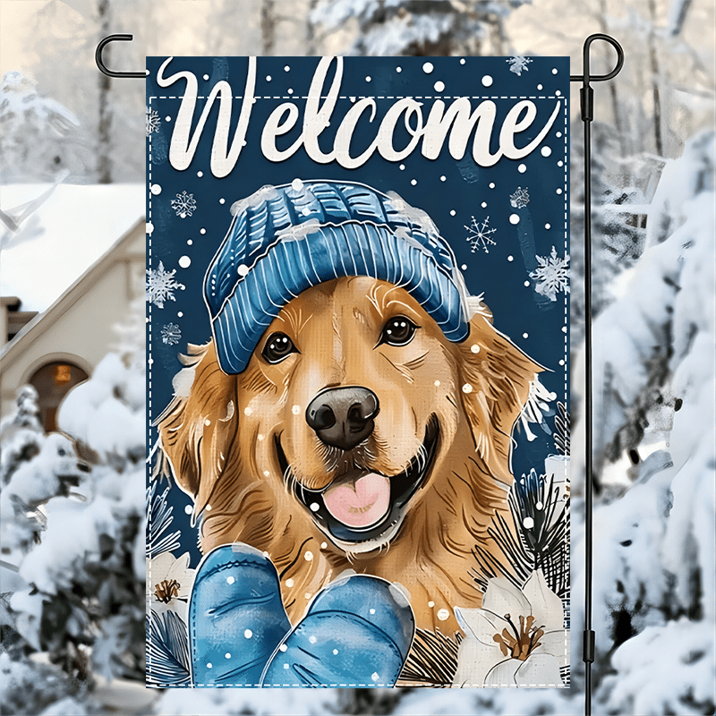 

1pc, Holiday Linen Garden Flag: Golden Retriever With A Winter Hat And Gloves, Double-sided, Without A Flag Rack Double Sided Waterproof Burlap Flag12x18inch